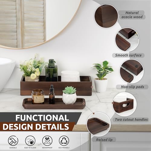 Handmade Toilet Tank Basket Topper & Vanity Tray Set of Natural Acacia Wood by DEMIGO, Created by Skilled Artisans, Smooth, Durable, Attractive Decor for Bathroom, Kitchen, Home, Spa (Dark Brown) - color: Dark Brown