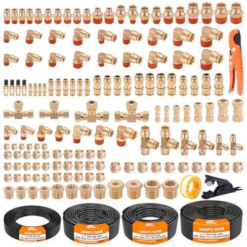 CheeMuii 156 PCS Brass DOT Air Line Fittings with 4 Roll 100FT 1/8" 1/4" 3/8" 1/2" DOT Air Lines Kit Push Lock Air Fitting Quick Connect Air Fittings with Air Hose Pneumatic Tubing - size: 100FT-4ROLL-152PCS