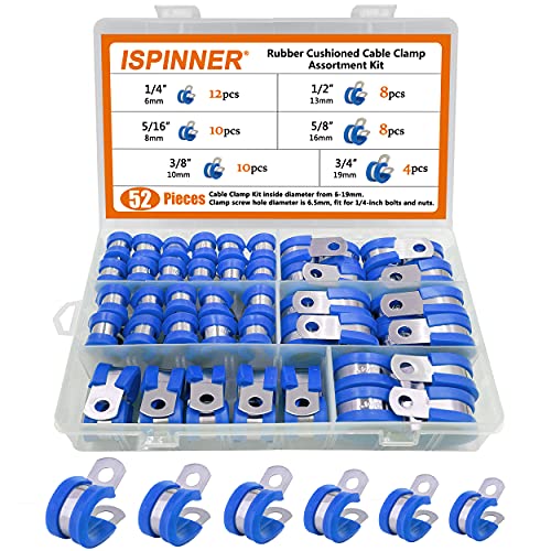 ISPINNER 52pcs Cable Clamps Assortment Kit, 304 Stainless Steel Rubber Cushion Pipe Clamps in 6 Sizes 1/4" 5/16" 3/8" 1/2" 5/8" 3/4" (Blue) - color: Blue