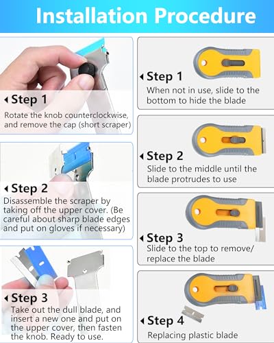2 Pack Razor Blade Scraper with 10 Plastic and 20 Metal Blades for Removing Paint, Registration Sticker, Grease from Windshield, Glass Top Stove Cooktop Scraper - color: Blue Yellow