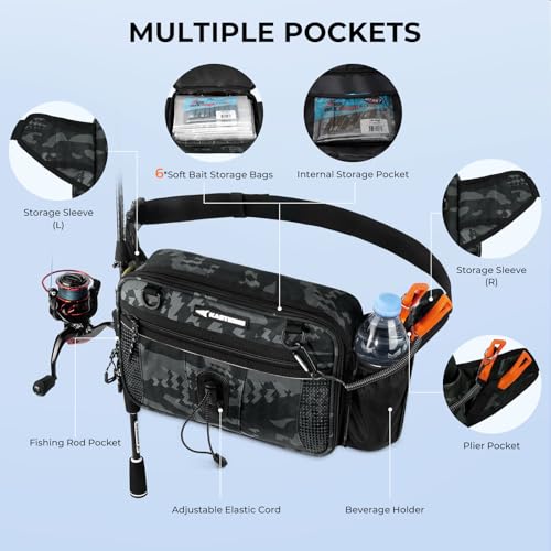 KastKing BaitSpace Waist Bag – Waterproof Tackle Storage Bag With Adjustable Belt, Fishing Fanny Pack for Men, Soft Bait Organizer, 3600 Utility Box, Rod Holder, Nylon - color: Black Camo