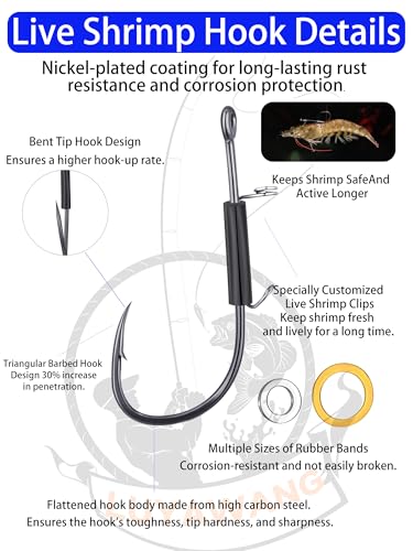 24Pcs Live Shrimp Hooks Saltwater Fishing Hooks - 3X Strength Stainless Steel Steel Wire Rig Accessories Ready to Use 2 Sizes Rubber Bands Freshwater