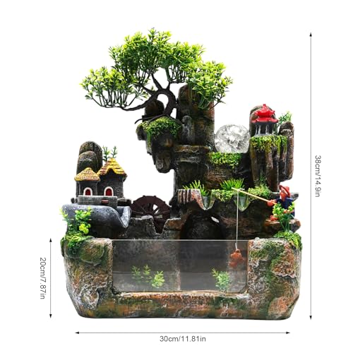 Waterfall Fountain, Desktop Fish Tank Fountain with Atomizer, Fisherman and Colorful LED Lights, for Living Room, Bedroom, Yoga Room, Office, Study, Meditation Room - size: D