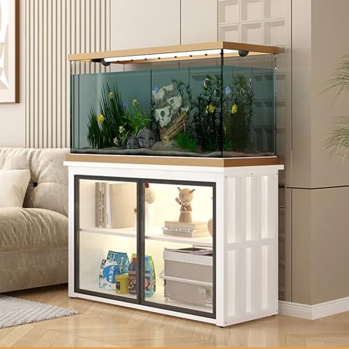 20 - 50 Gallon Fish Tank Stand, Metal Frame Aquarium Stand with Cabinet for Accessories Storage, Reptile Turtle Tank Stand for Home Office White + White + Black 80x40x80cm - color: White + White + Black, size: 80x40x80cm