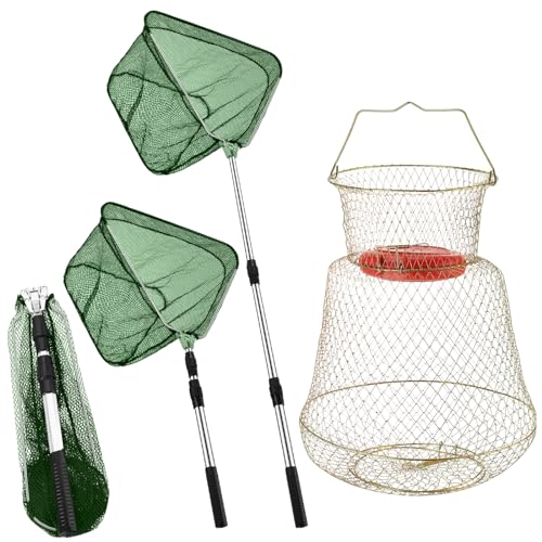 2 Pcs Steel Wire Fish Basket and Fishing Landing Net with Extension Aluminum Telescoping Pole Includes 1 Portable Fishing Net with Handle 1 Collapsible Wire Fishing Basket for Women Men