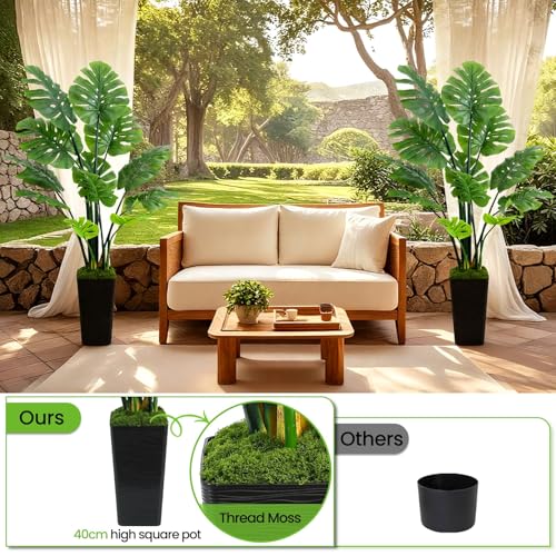 UPBUD Artificial Monstera Deliciosa Plant, 5FT Fake Monstera Tree with 12 Lifelike Leaves & Black Pot, 60in Tall Faux Floor Trees Fake Plants for Indoor Office Porch Living Room Windowsill Decor - color: Green Leaves Black Planter