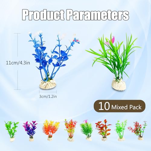10Pcs Aquarium Artificial Plastic Plants, Colorful Fake Fish Tank Decorations with Ceramic Base, Realistic Aquarium Plants Suitable for Aquarium Landscape and Fish Hideout (Colorful) - color: Colorful