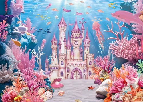 Under The Sea Backdrop Summer Underwater World Wonderland Castle Coral Shell Mermaid Ocean Theme Photography Background Girls Princess Baby Shower Birthday Party Decorations Photo Props (7x5FT) - size: 7x5FT
