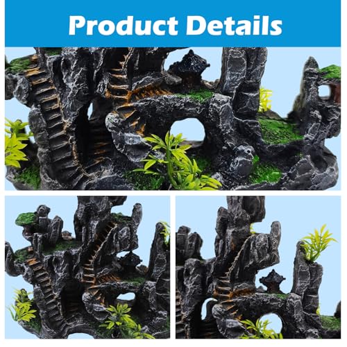 Aquarium Ornaments View Mountain,Fish Tank Decorations Resin Rock Landscape Artificial Stone Aquarium Decor with Plant Cave for Small Fish Shrimp