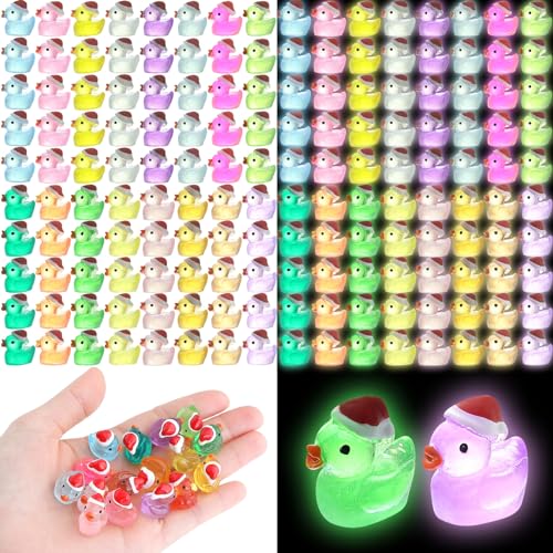 ROMROC 160Pcs Luminous Mini Christmas Resin Duck Miniature Glow in The Dark Ducks Christmas Decor Aquarium Ornament Dollhouse Decoration DIY Slime Kit Birthday Party Hide and Seek Prank(16 Colors)