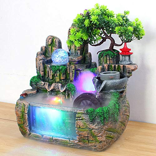 Tabletop Fountain, Indoor Relaxation Desktop Fountain Waterfall,with Rockery,Aquariums,Plant,Atomizing Humidifier, Zen Meditation Rockery Crafts Indoor Waterfall Bonsai Home Decor Office Bedroom (A)