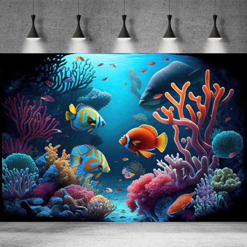 Underwater Aquarium Background Deep Ocean Coral Reef Seascape Terrarium Background Tropical Colourful Fish Marine with Sunbeams Fish Tank Backdrop Poster Wallpaper Decorations Vinyl 24x12in - color: Purple Blue, size: 24(W)x12(H)in