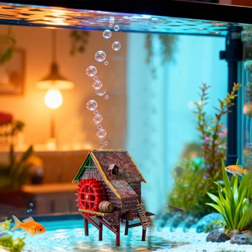 RUIAN Aquarium Decorations Waterwheel Hut (Big Water Truck) Air Action Aerating Fish Tank Ornaments Air Bubbler Movement Decorations