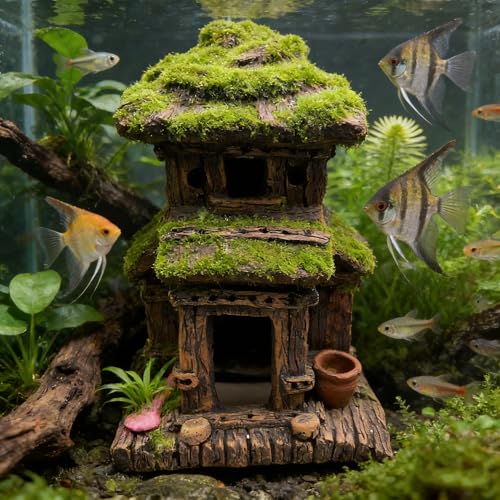 M2cbridge Aquarium Decorations Fish Hideout House Betta Cave with Green Lifelike Moss (Style 3)