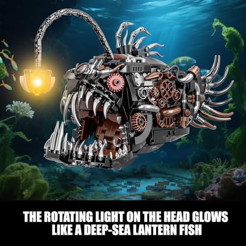Mechanical Angler Fish Building Set with Light, Creative Ocean Lantern Fish Animal Toy for Home Office Decor, Compatible with Lego Shark, STEM Gift for Adults Teens Boys 8-14+ (1038 PCS) - color: Black