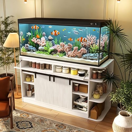 JIJIWANG 75 Gallon Fish Tank Stand with LED Light & Power Outlets, 55-75 Gallon Aquarium Stand with Sliding Fluted Doors, 2 Large Cabinet and Storage Shelves for Fish Tank, 1200 lbs Capacity White - color: White, size: 55.1"L x 19.6"W x 32.2"H
