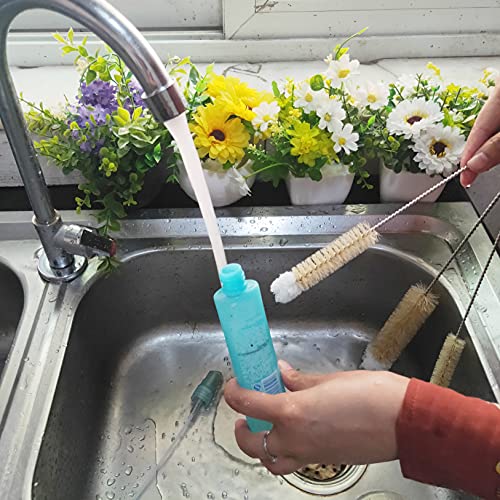 Bottle Brushes Thin Long Handle X 4, Skinny Wire Cleaner Set in Stainless Steel with Natural Boar Bristle at Wool Tip, Bendable Flexible for Cleaning Narrow Neck Bottles, Pipe, Tube, Hose