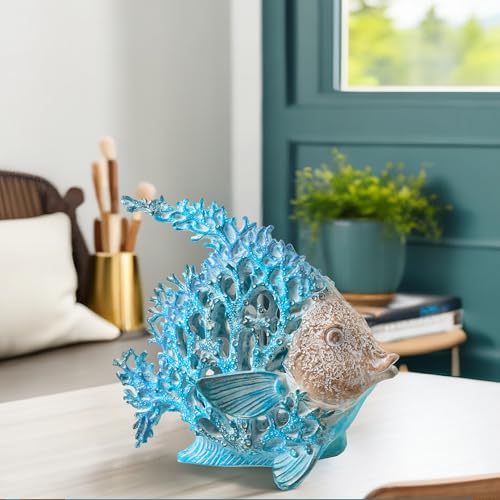 VVGIFTS Beach Coastal Decor Coral Reef Angelfish Home Office Desk Decor Sculpture Statue for Tabletop Shelf Bathroom Decoration Ornament Gift (Turquoise and Blue) - color: Turquoise and Blue