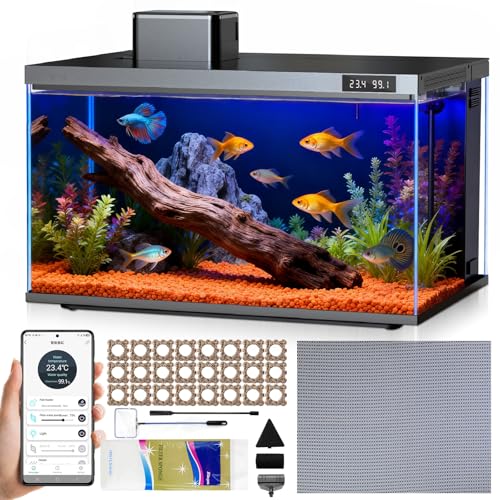 Fish Tank, 10 Gallon Smart Fish Aquarium Kit, Includes Quiet Pump, Filtration and LED Lighting, Smart Control with Apps, Perfect for Betta, Small Fish, All-in-One Beta Tank for Beginners, Glass - color: Black+Transparent glass