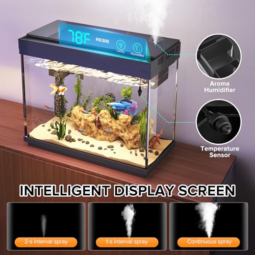Vehipa Fish Tank 2.4 Gallon Aquarium with Heater, 3-in-1 Silent Pump with Filteration & Oxygenation & Circulation, 7-Color Timer Cycle Light, Temperature Display, Humidifier, HD Glass Fish Bowl - color: Jet-black