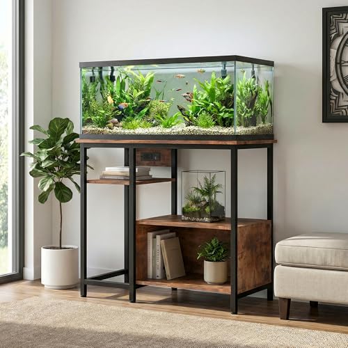 Heavy Duty 40-50 Gallon Aquarium Stand - Metal & Wood, 4-Tier Open Storage Shelves, Drawer, Power Outlets, for Fish Tank & Terrariums, 36.6" x 18.9" x 30.7" - Rustic Brown - color: Brown