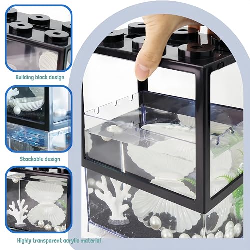 Small Betta Fish Tank, Mini Sea Monkey Tank Aquarium Kit with Gravel & Background Resin Decor, 0.6 Gallon Stackable Tabletop Fish Bowl Accessories for Shrimp Seaweed Ball - color: Black