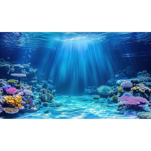 Underwater Scene Aquarium Background Under The Sea Coral Reefs Fish Tank Background Ocean Seabed Scene Sand Rocky Outcrops Terrarium Backgrounds Sunray Tropical Marine Life Tank Backgrounds 24x12in - color: Bright_Blue, size: 24(W)x12(H)inches/ 60(W)*30cm