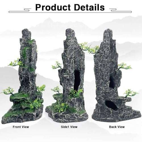 Aquarium Mountain View Stone Ornament Tree Rock Cave Aquarium Decorations Large and Tall Extra Large Aquarium Decorations for Fish Tank Decorations for Fish Tank - 14 Inches High - color: Black Mountain View, size: Tall - Mountain View