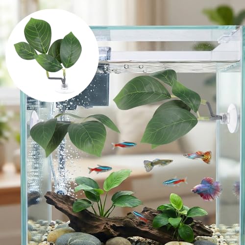 3 PCS Betta Fish Leaf Hammock, Faux Fishs Leafs Pads 5.5 Inch Plastic Artificial Plant Twin Leaf Design with Suction Cup Aquarium Decorations Ornaments Fish Tank Accessories for Resting Hiding Playing