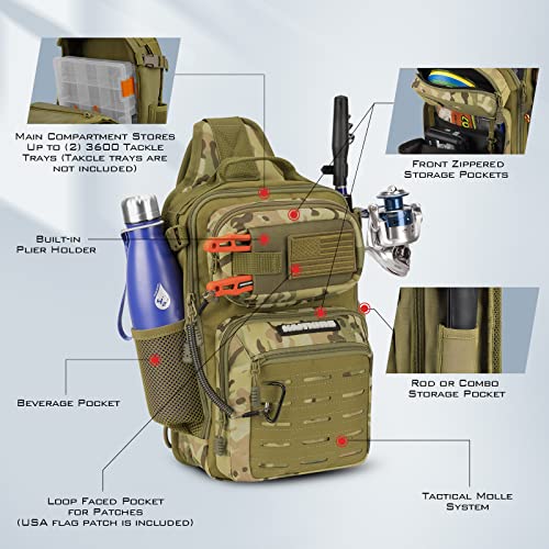 KastKing BlowBak Tactical Sling Tackle Bag-Lightweight Fishing Backpack Storge Fishing Gear and Equipment,Gift for Men - color: A: Khaki Camo（14” X 8” X 6”）, size: Standard