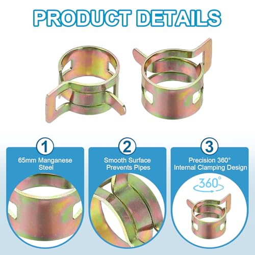 PATIKIL Spring Band Hose Pipe Clamps for 14-16.1 mm OD Hose, 30 Pack Silicone Vacuum Constant Tension Band Clips for Fuel Line Silicone Air Hose Tube Water Pipe, Gold - size: 14-16.1 mm