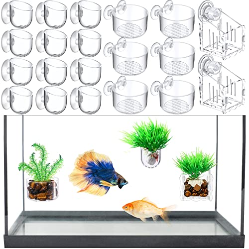 Potchen 20 Pcs Aquarium Plant Holder with Hole Transparent Acrylic Suction Cup Aquarium Aquatic Planter Cups Fish Tank Aquascape Decoration, 3 Shapes