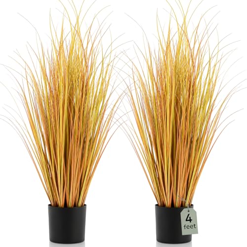 Jexine 2 Pieces Tall Artificial Grass Plant Potted Artificial Greenery Floor Plants Fake Pampas Grass Tall in Pot for Housewarming Gift House Garden Bathroom Lobby Indoor Outdoor (Fall,4 ft) - color: Fall, size: 4 ft