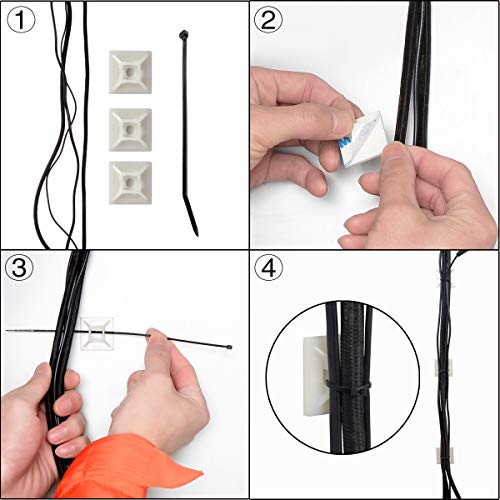 XHF 100 PCS 1.1" White Self Adhesive Cable Zip Tie Mounts Wire Cable Clips Holders Management Anchors Organizer Holders Squares(HS-102) - color: White, size: 1.1"-100pcs