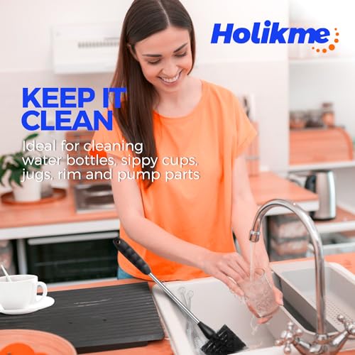 Holikme Bottle Brush Cleaner Set, 14" Long Handle Stainless Steel Bottle Cleaner Brush, 3 Straw Cleaner Brush, Bottle Cleaning Brush for Water Bottle, Cups, Abrasive Wheel Brushes, Straws Black - color: Black