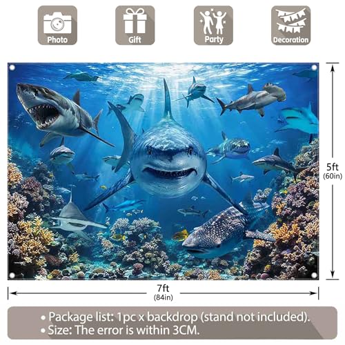 7x5ft Shark Theme Backdrop Under the Sea Deep Ocean Underwater World Aquarium Coral Reef Shallows Photography Background Kids Party Decorations Photo Banner Props