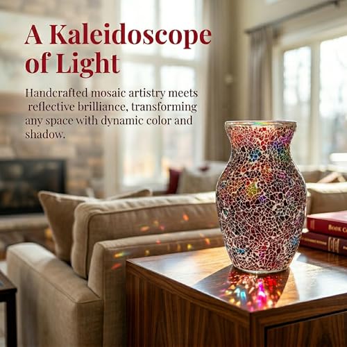 8" Deep Red Rainbow Mosaic Vase, Hand-Pasted Colorful Glass Flower Vase, Vibrant Crackle Art Centerpiece for Modern Home, Office & Creative Decor - color: Deep Red Rainbow