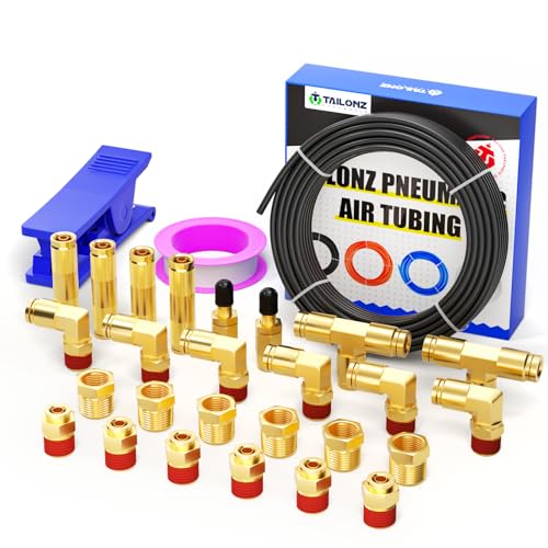 TAILONZ Pneumatic Black 1/4" OD 32 Meter 100ft PA12 Nylon Air Tubing Kits,Pipe Hose Air Line Tubing, Push-to-Connect DOT Brass Fittings (29PCS) - color: Black, size: 1/4" OD - 100 FT