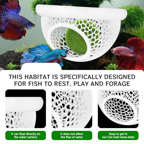 Aquarium Betta Fish Feeding Station, Floating Ring with Cave Hammock, Fish Hide Decoration, White