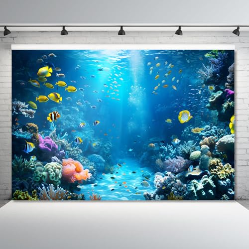 Under The Sea Backdrop 15x10ft Ocean Backdrop Underwater World Colorful Tropical Fish Coral Aquarium Deep Sea Sunlight Photography Background Birthday Under The Sea Party Decorations Photo Props - color: Blue2, size: 15x10ft