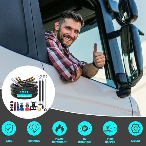 CheeMuii 12FT Semi Truck Air Line Kit with Gladhands Air Line Holder and Springs Kit 7 Way Trailer Cord and Air Brake Hoses 3-in-1 Air Lines Set for Semi Truck Trailer Tractor - size: 12FT-Black