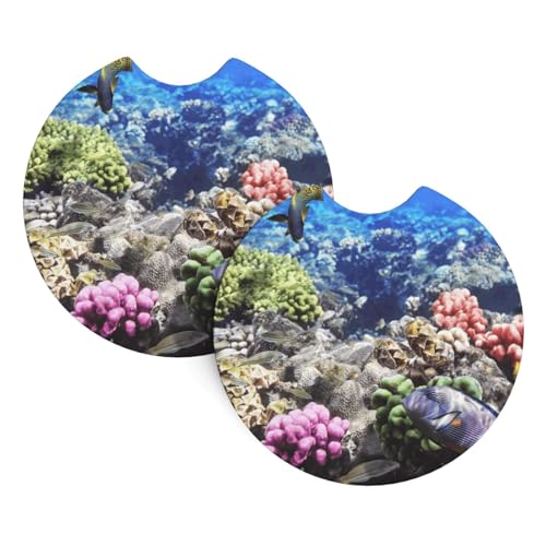 Reef Coral Fish Red Egypt Animals Wildlife Nature Ocean Life Aquarium Hawaii Car Cup Holder Mats (2-Pack) - Universal Coasters for Sedans, Trucks, Suvs & Boats, All-Weather Drink Protectors