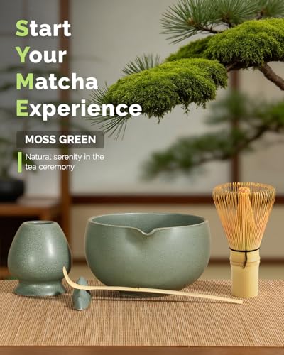 Maestri House Matcha Whisk Set, 7-Pc Complete Matcha Kit with Spouted Ceramic Bowl, Bamboo Whisk and Holder, Scoop, Spoon Rest & Sifter, Tea Cloth – Ideal Gift for Matcha Lovers (Moss-Green) - color: Moss-Green