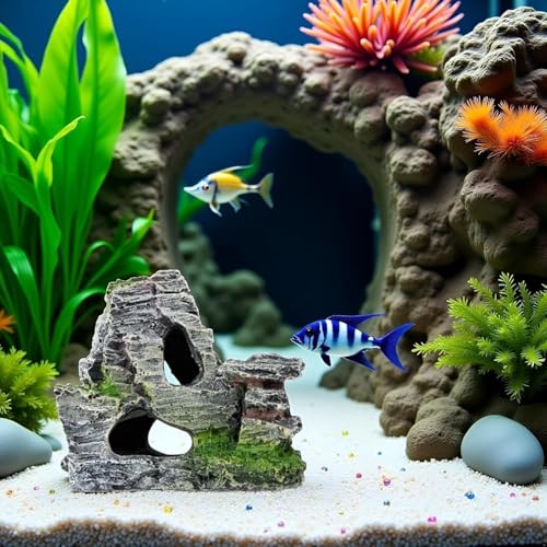 Resin Aquarium Mountain Decor with Moss Rock Cave - Multi-Level Terrain for Fish Tank Landscaping, Natural-Looking Rockery Design with Hidden Cave and Crevices for Shrimp