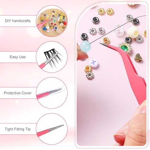 10 Pieces Tweezers for Crafting, Stainless Steel Curved Pointed Tweezers Precision Tweezer with Protective Cover for Eyelash Extensions Stickers Rhinestones Crafts (Rose Red) - color: Pink