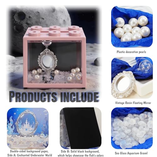 Small Betta Fish Tank, Mini Sea Monkey Tank Aquarium Kit with Glass Gravel & Background Resin Decor, 0.6 Gallon Stackable Tabletop Fish Bowl Accessories for Shrimp Seaweed Ball (Pink) - color: Pink