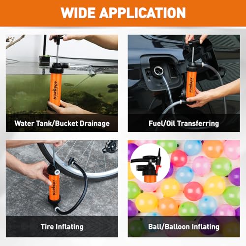 HORUSDY Multi-Use Siphon Transfer Pump Kit Hand Fuel Pumps for Gas Oil Water with Air Hose, Portable Manual Fuel Transfer Pump for Boat, Car, RV, Emergency, Lawn Mower Fluid Drainage - style: Orange(New model)