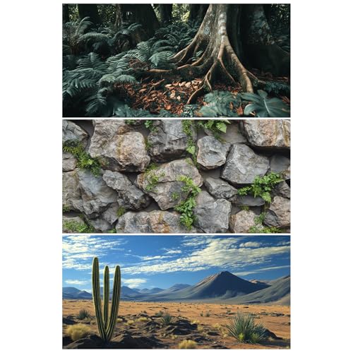 COMSUN 3 Pack Terrarium Background, 30x18 inches Polyester Reptile Background, Cloth Terrarium Background, Tropical Green Tree Fern & Gobi Desert Sunshine Cactus Rock Terrarium Background - size: 30x18 Inch