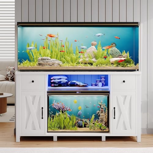 55-75 Gallon Fish Tank Stand with Power Outlet & LED Lights, 55 Gallon Aquarium Stand with Storage Drawers & Barn Doors, Heavy Duty Reptile Tank Cabinet for Turtle, Reptile Terrarium, White - color: White