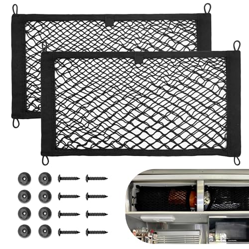 RED WOLF 2 Pcs Small Cargo Net Pocket Elastic Mesh Netting Car Mesh Pouch for Trunk RV Boats Home Cargo Storage with Screws and Hooks (17.7'' x 9.8'') - size: 17.7'' x 9.8''